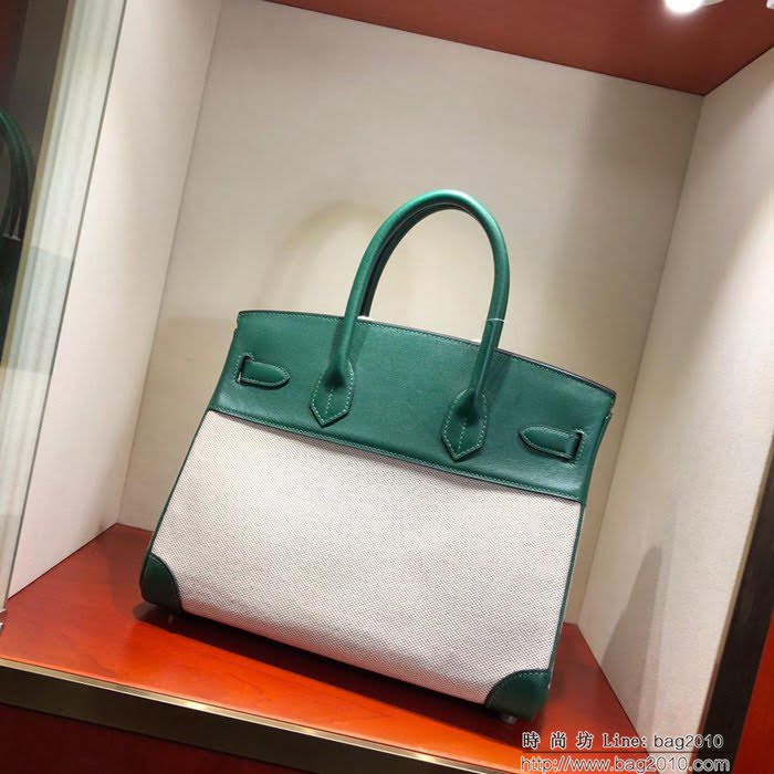 HERMES愛馬仕 鉑金包 Birkin30Cm Swift拼帆布 Z6 Malachite 孔雀綠 銀扣 頂級工藝 手縫蠟線 無敵限量版 古董包  Ama1603